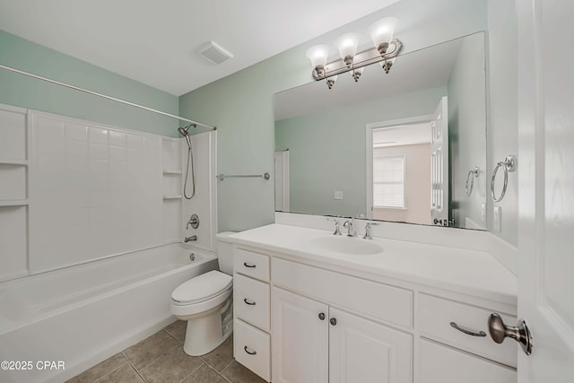 full bathroom with vanity, toilet, shower / bath combination, and tile patterned flooring