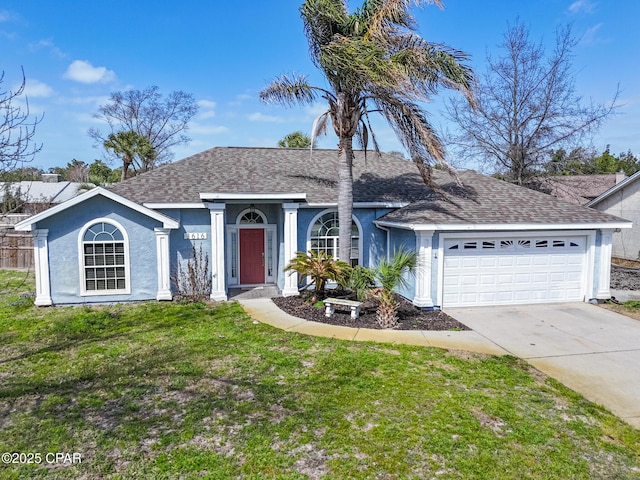 ranch-style house with stucco siding, concrete driveway, a garage, and a shingled roof