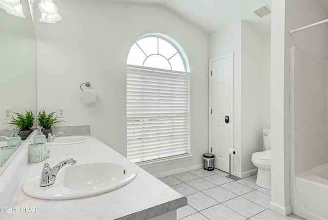 full bath with tile patterned flooring, toilet, visible vents, and a sink