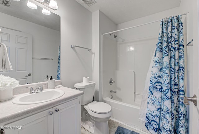 full bathroom featuring visible vents, shower / tub combo, toilet, and vanity