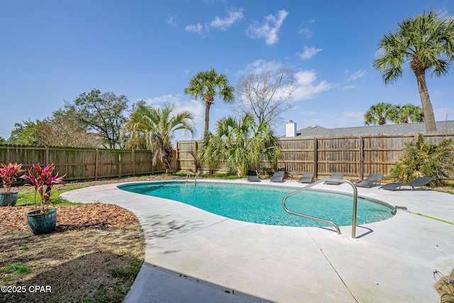 view of swimming pool featuring a fenced in pool, a fenced backyard, and a patio area