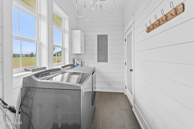 kitchen with electric panel, dark hardwood / wood-style floors, washer and clothes dryer, and wood walls