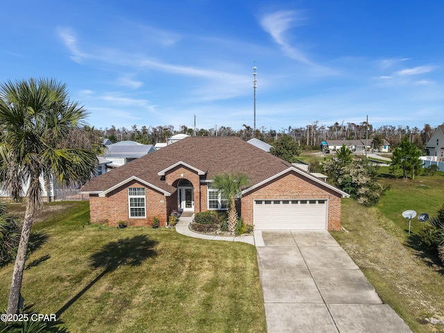 ranch-style house with a garage and a front yard