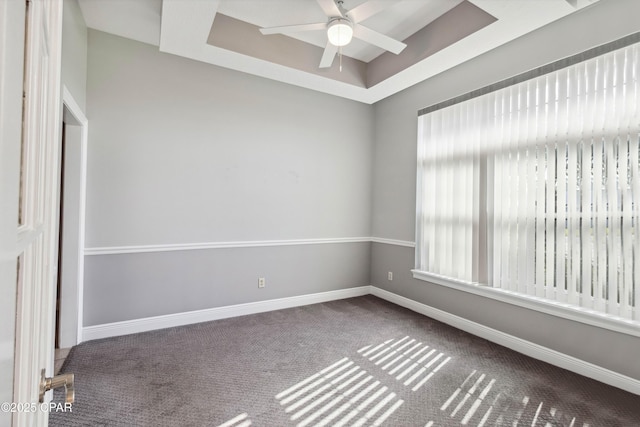 spare room featuring a tray ceiling, ceiling fan, and carpet flooring