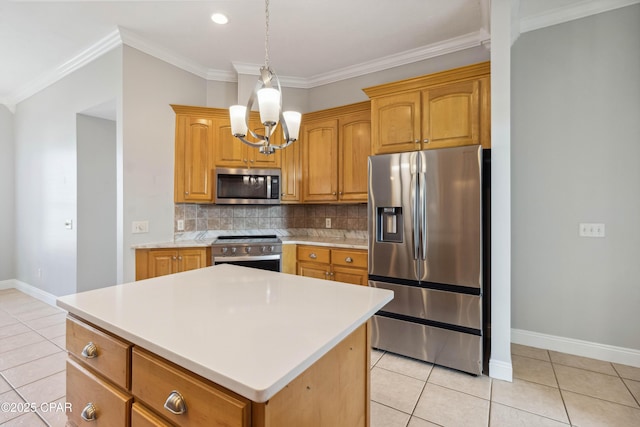 kitchen featuring a center island, light tile patterned floors, ornamental molding, stainless steel appliances, and decorative backsplash