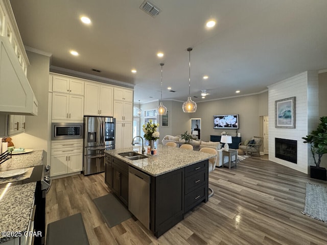 kitchen featuring sink, a large fireplace, hanging light fixtures, stainless steel appliances, and a center island with sink