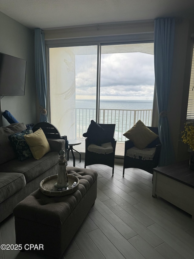 living area featuring wood finished floors and a water view