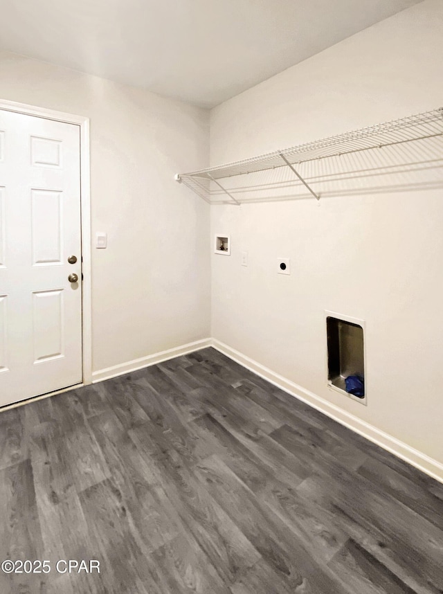 laundry area with electric dryer hookup, hookup for a washing machine, and dark hardwood / wood-style floors