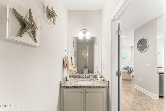 bathroom featuring wood-type flooring, toilet, and vanity