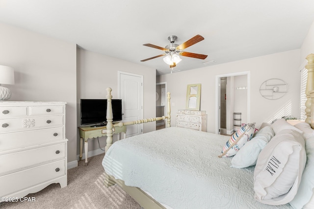 bedroom featuring light carpet and ceiling fan