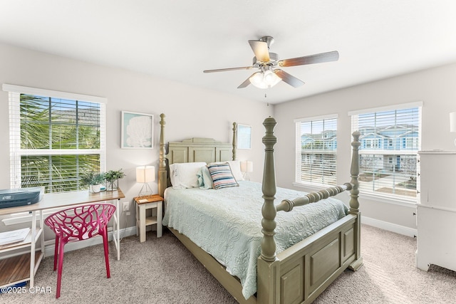 bedroom with light carpet and ceiling fan