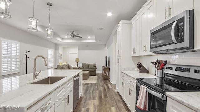 kitchen with stainless steel appliances, a tray ceiling, sink, and white cabinets