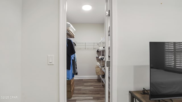 spacious closet with dark wood-type flooring