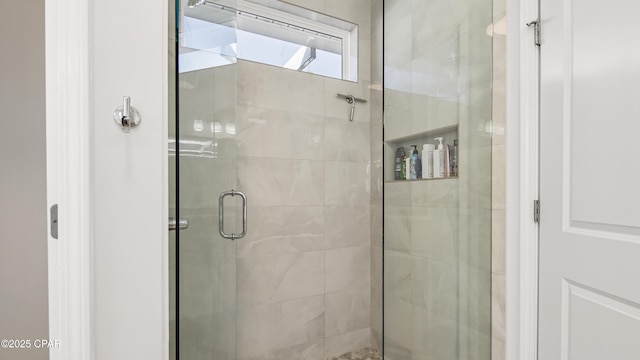 bathroom with a shower with shower door