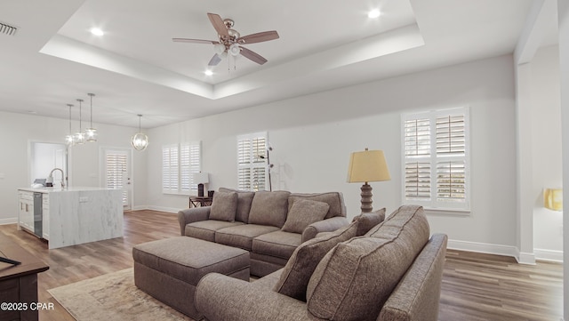 living room with a healthy amount of sunlight, a raised ceiling, and light wood-type flooring