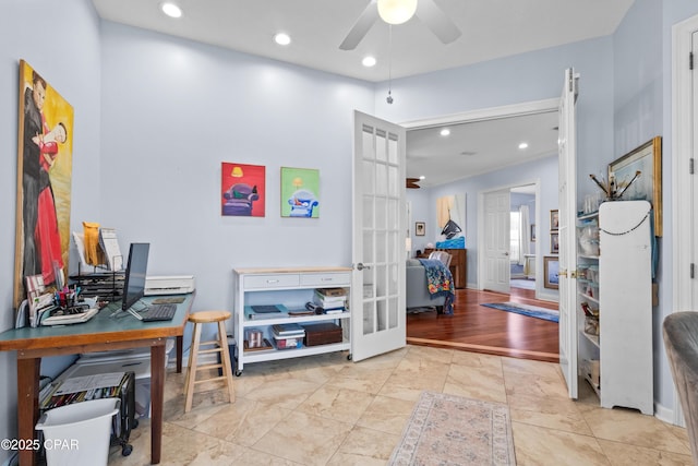 home office featuring recessed lighting, ceiling fan, and french doors