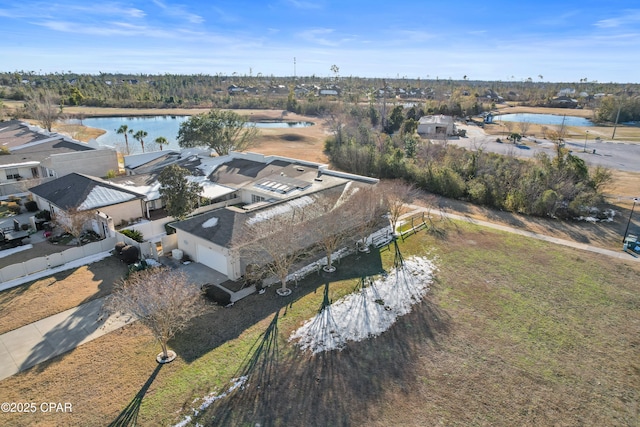 aerial view featuring a water view