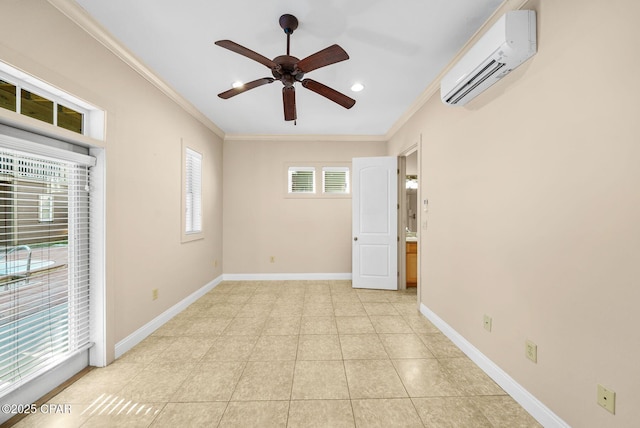 spare room with crown molding, a healthy amount of sunlight, and an AC wall unit