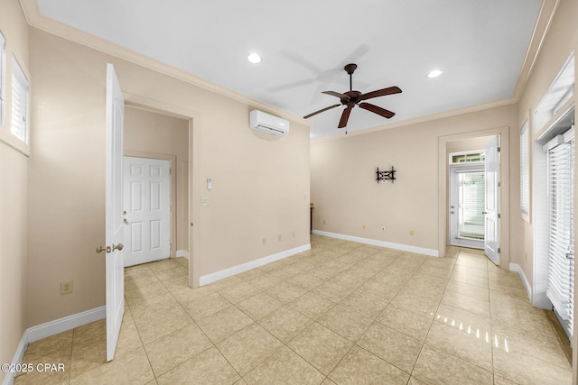 empty room featuring ceiling fan, ornamental molding, and an AC wall unit