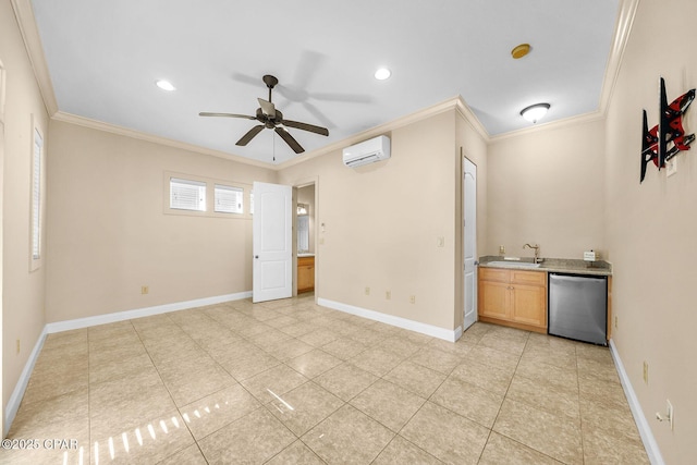 unfurnished bedroom featuring crown molding, light tile patterned flooring, ceiling fan, and a wall unit AC