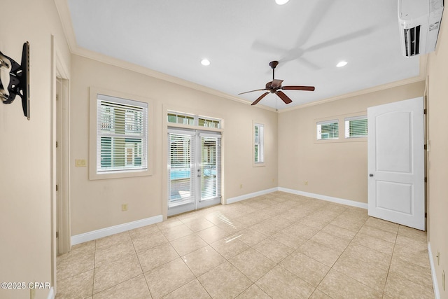 empty room with plenty of natural light, ornamental molding, and ceiling fan