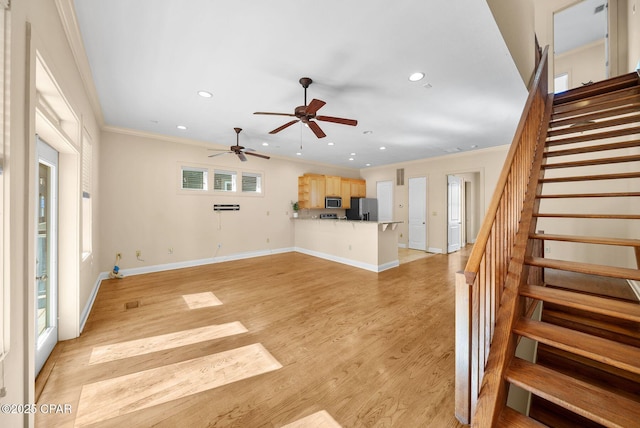 living room with ceiling fan, ornamental molding, and light hardwood / wood-style floors