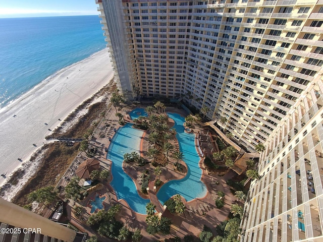 aerial view featuring a beach view and a water view