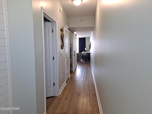 hall featuring hardwood / wood-style flooring and a barn door