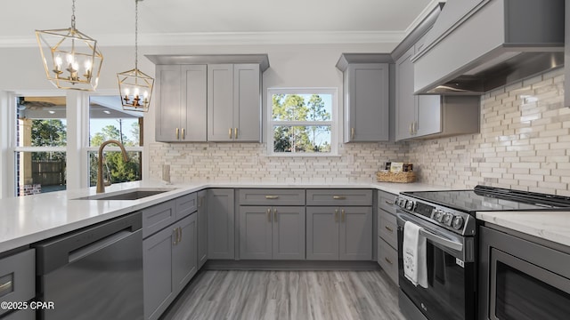 kitchen with sink, stainless steel electric range, gray cabinets, dishwasher, and custom range hood