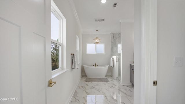 bathroom featuring an inviting chandelier, ornamental molding, separate shower and tub, and vanity