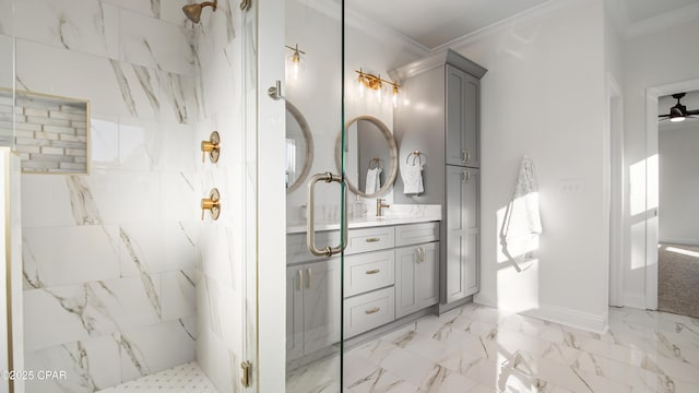 bathroom with ornamental molding, vanity, ceiling fan, and walk in shower