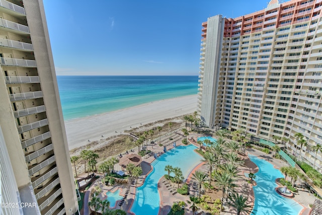 property view of water featuring a beach view