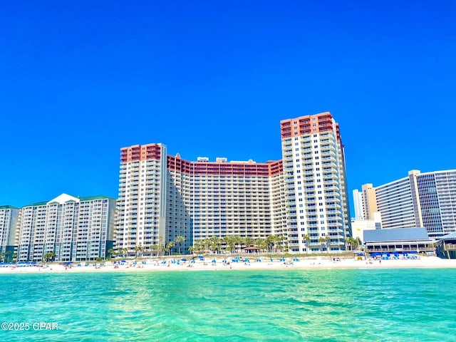 view of swimming pool featuring a water view and a beach view