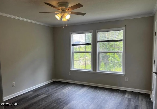 empty room featuring dark wood-type flooring, ceiling fan, and ornamental molding