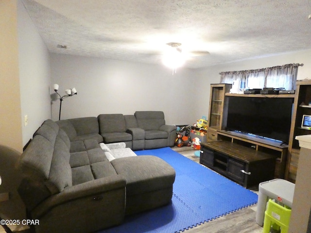 living room with ceiling fan, wood-type flooring, and a textured ceiling