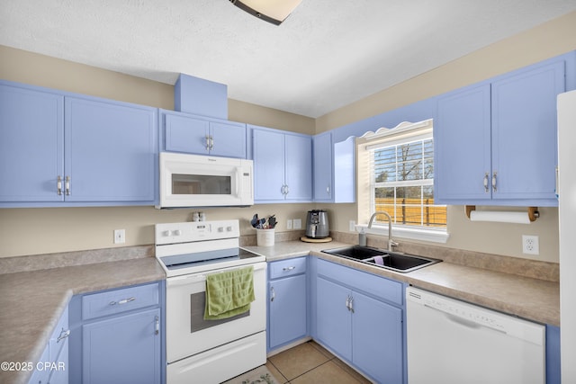 kitchen with blue cabinetry, white appliances, sink, and a textured ceiling