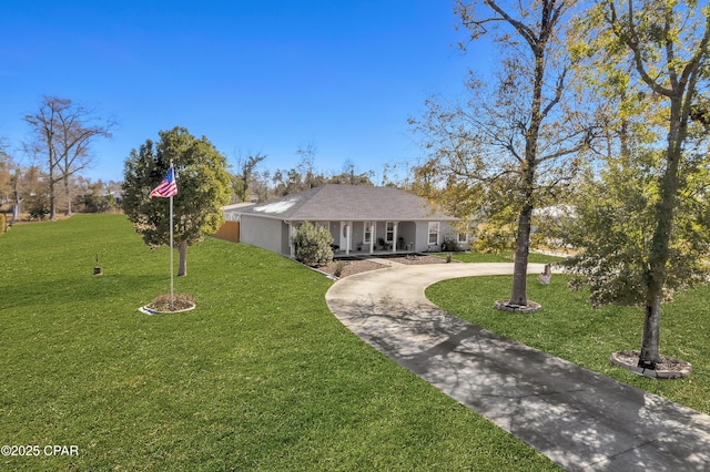 ranch-style home with a porch and a front lawn