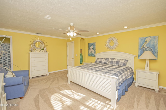 carpeted bedroom featuring crown molding, a textured ceiling, and ceiling fan