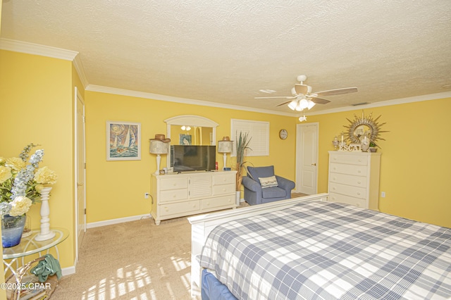 bedroom featuring crown molding, ceiling fan, light carpet, and a textured ceiling