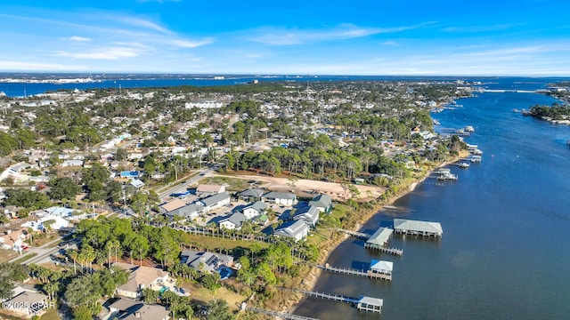 drone / aerial view featuring a water view