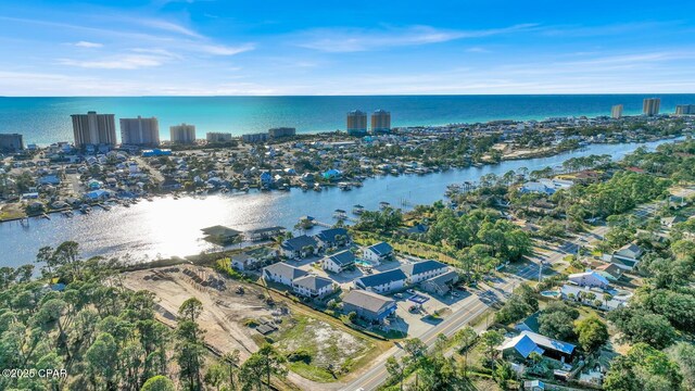 bird's eye view with a water view