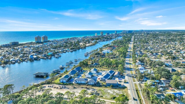 bird's eye view with a water view