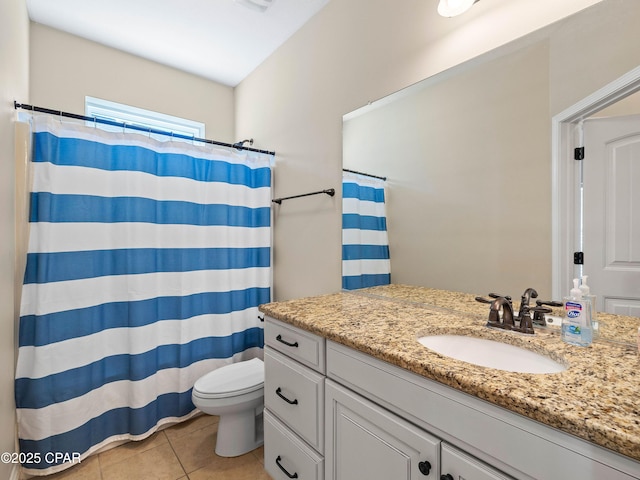 bathroom with toilet, tile patterned flooring, vanity, and a shower with curtain