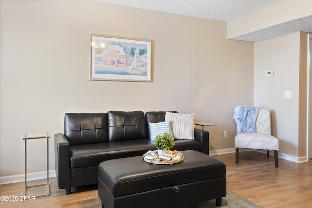 living room with light hardwood / wood-style floors and a textured ceiling