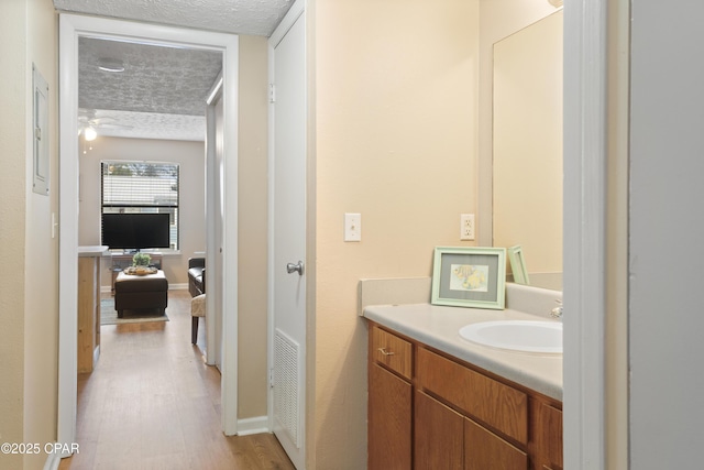 bathroom featuring vanity, hardwood / wood-style floors, and a textured ceiling