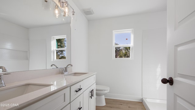 bathroom with vanity, a shower, wood-type flooring, and toilet