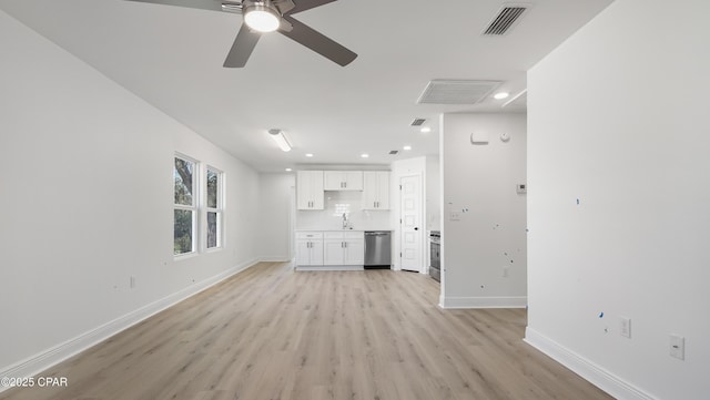 unfurnished living room with sink, light hardwood / wood-style floors, and ceiling fan