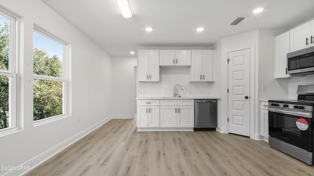 kitchen with sink, appliances with stainless steel finishes, white cabinetry, light hardwood / wood-style floors, and decorative backsplash