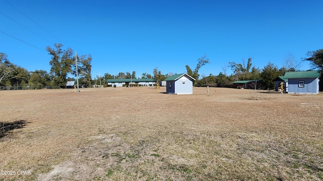 view of yard with a storage shed