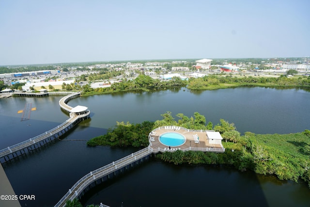 aerial view featuring a water view